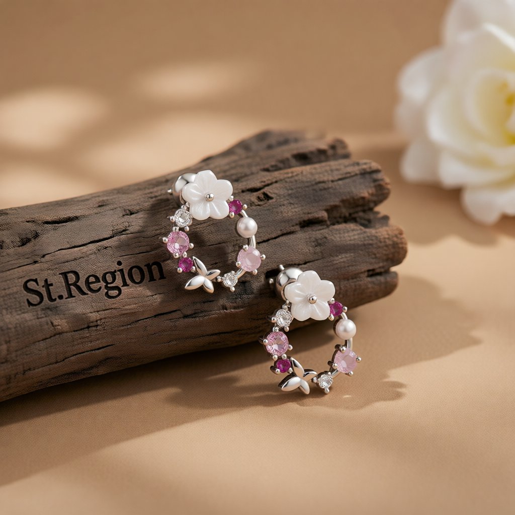 Opal and Cubic Zirconia Butterfly and Floral Stud Earrings, cubic zirconia stud earrings for women, front view