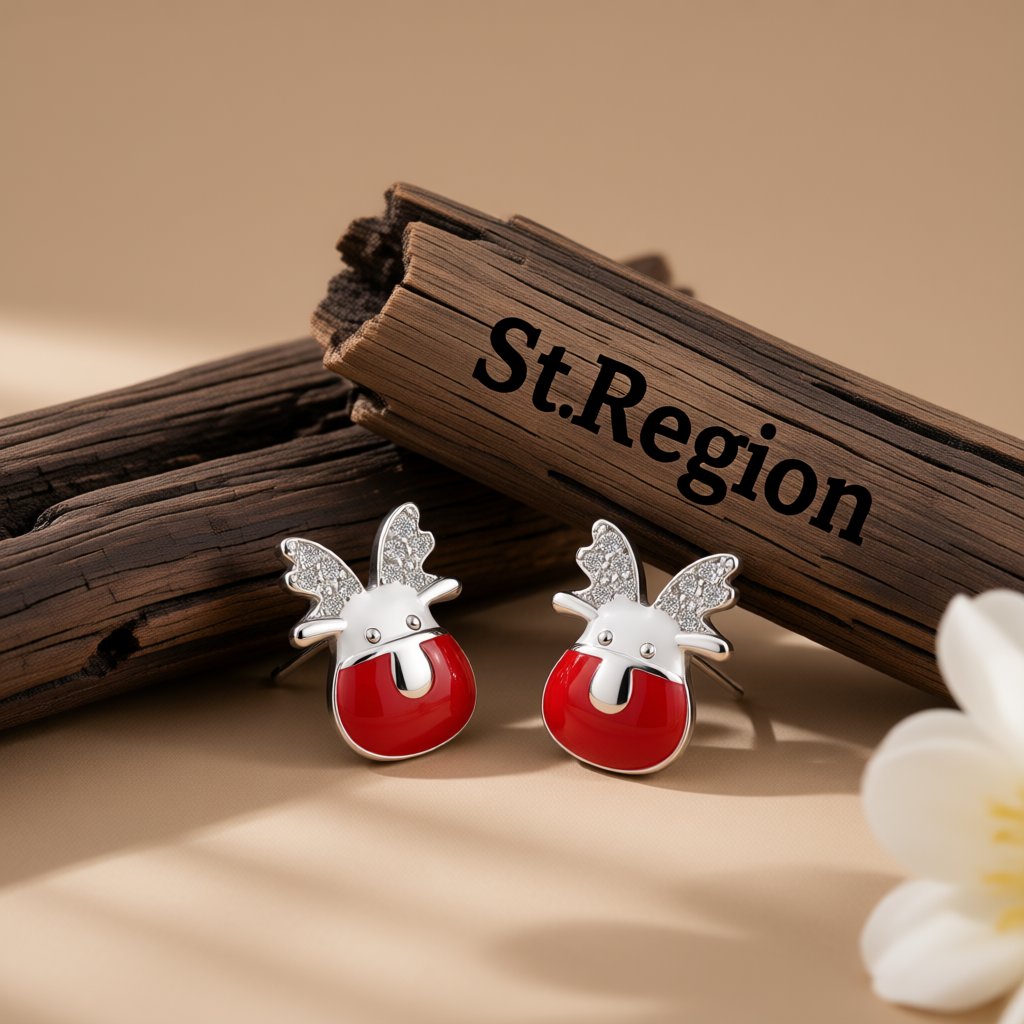 Cubic Zirconia and Enamel Silver-Plated Reindeer Stud Earrings, silver stud earrings for women, front view