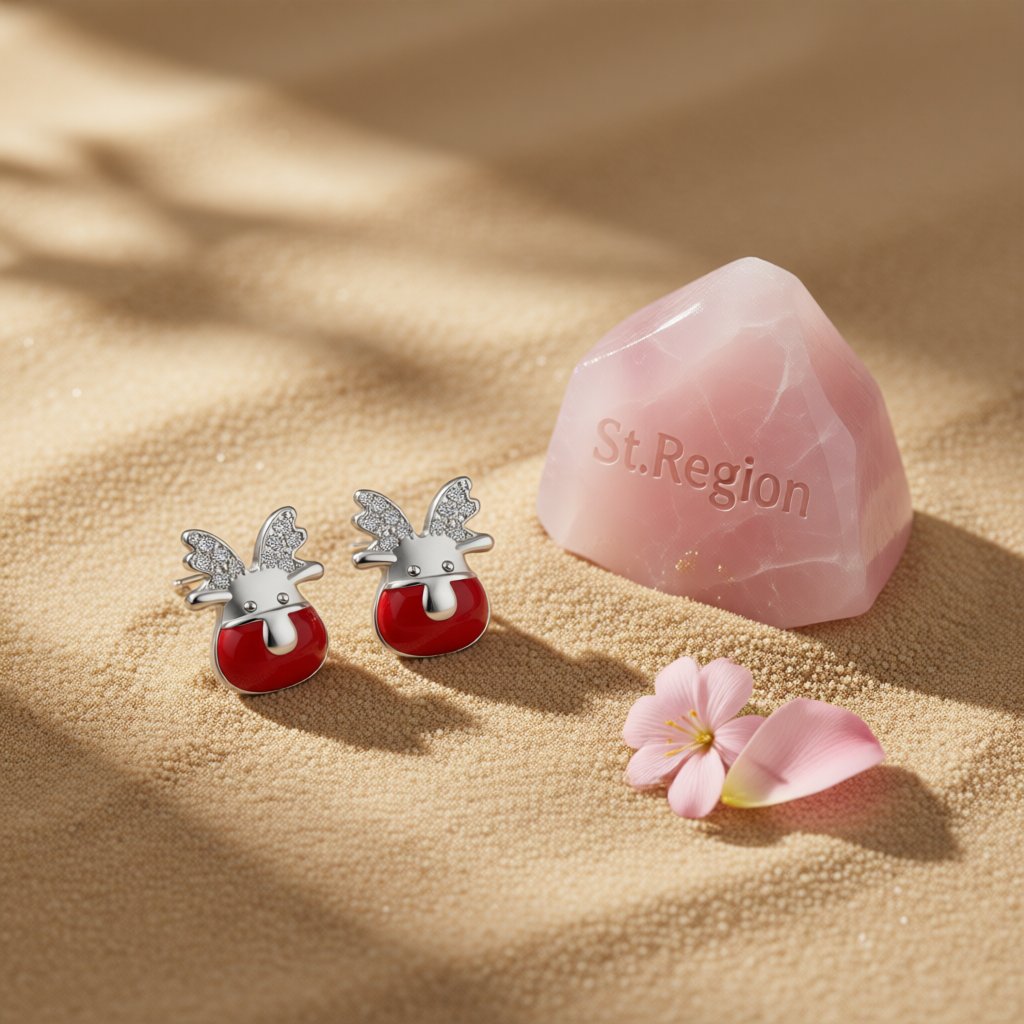 Cubic Zirconia and Enamel Silver-Plated Reindeer Stud Earrings, silver stud earrings for women, detail close-up