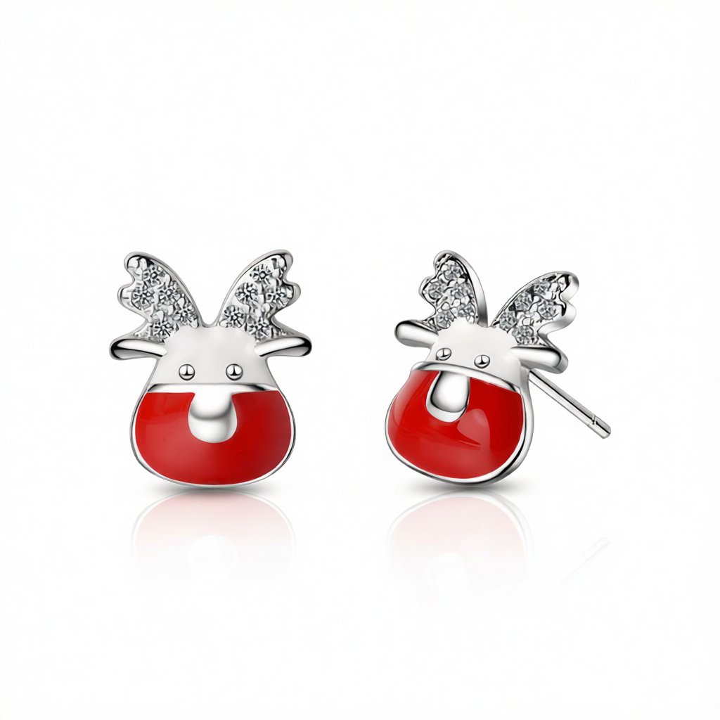 Cubic Zirconia and Enamel Silver-Plated Reindeer Stud Earrings, silver stud earrings for women, side view