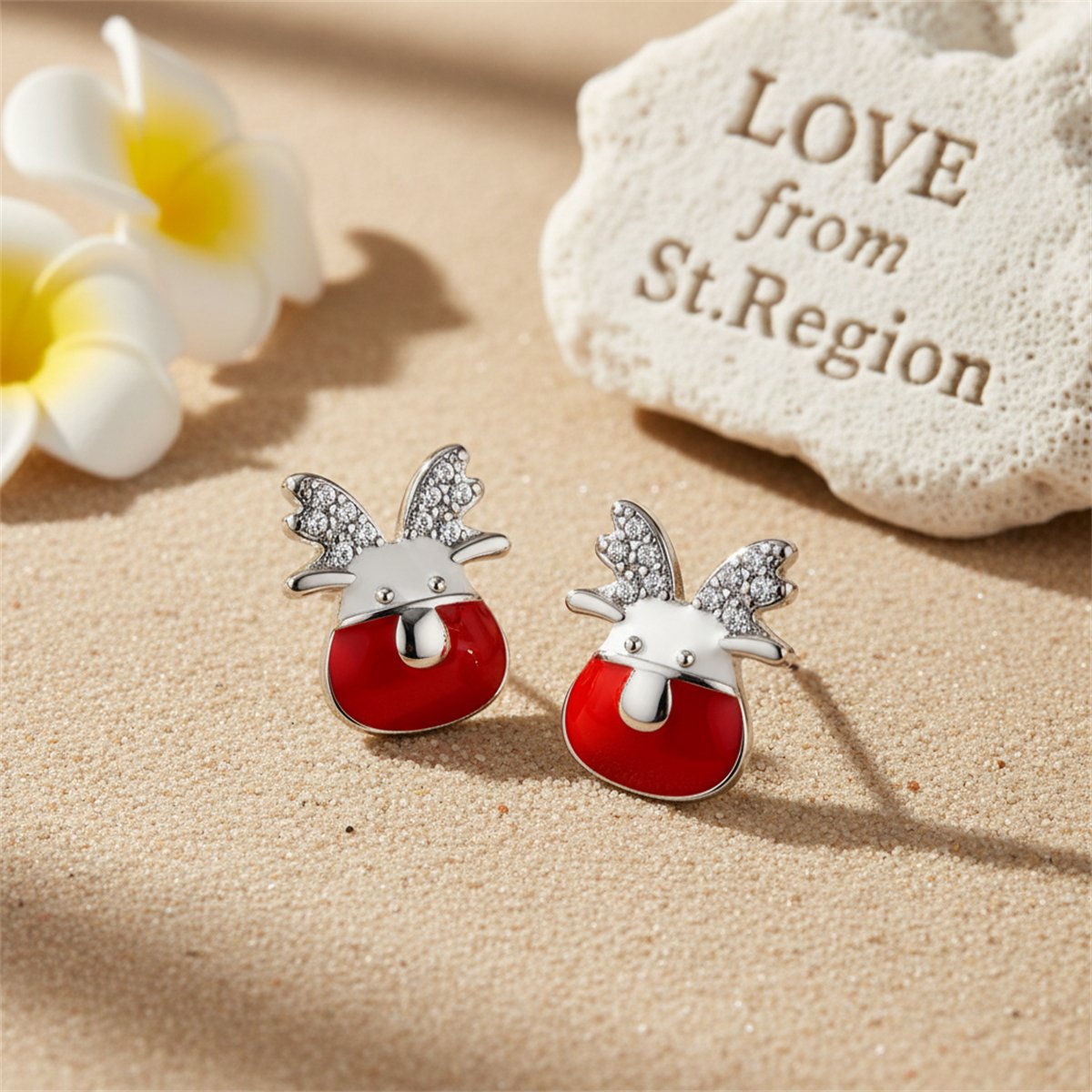 Cubic Zirconia and Enamel Silver-Plated Reindeer Stud Earrings, silver stud earrings for women, lifestyle look