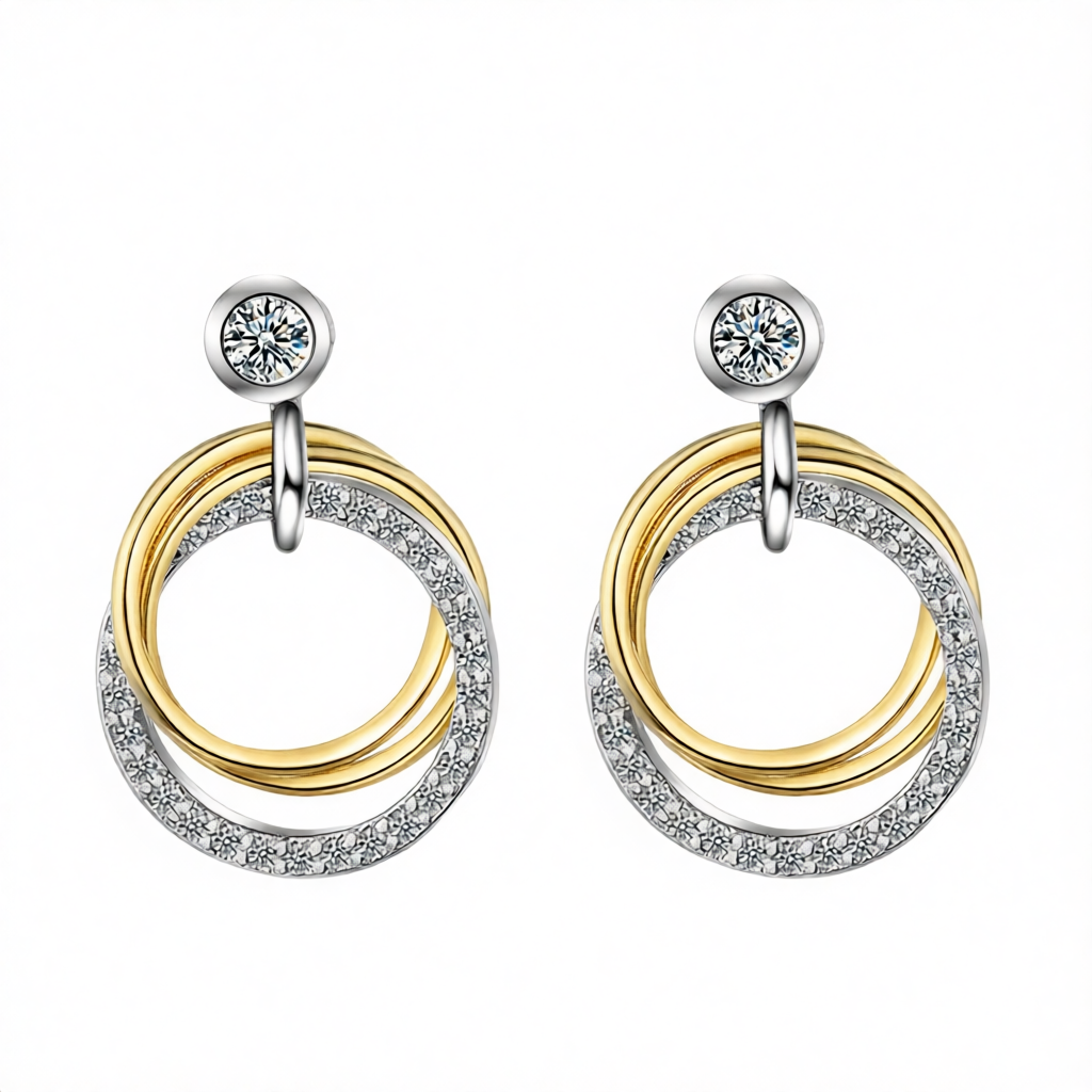 Cubic Zirconia & Two Tone Triple Circle Drop Earrings