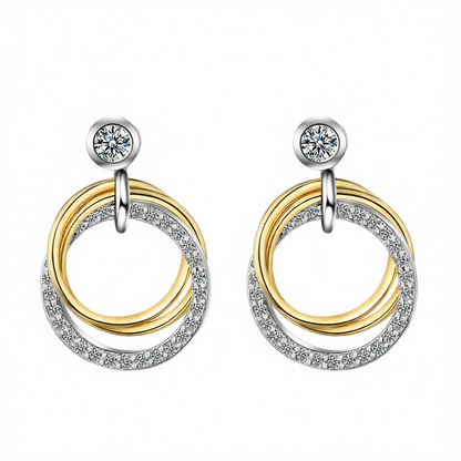 Cubic Zirconia & Two Tone Triple Circle Drop Earrings