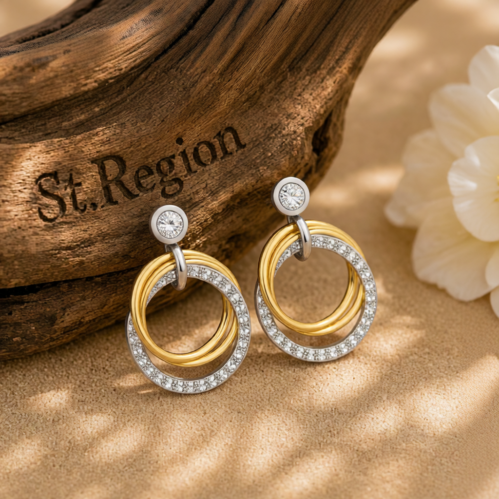 Cubic Zirconia & Two Tone Triple Circle Drop Earrings