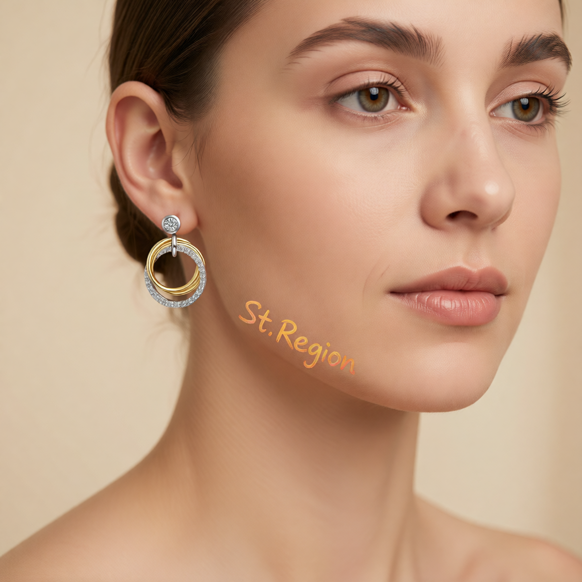 Cubic Zirconia & Two Tone Triple Circle Drop Earrings