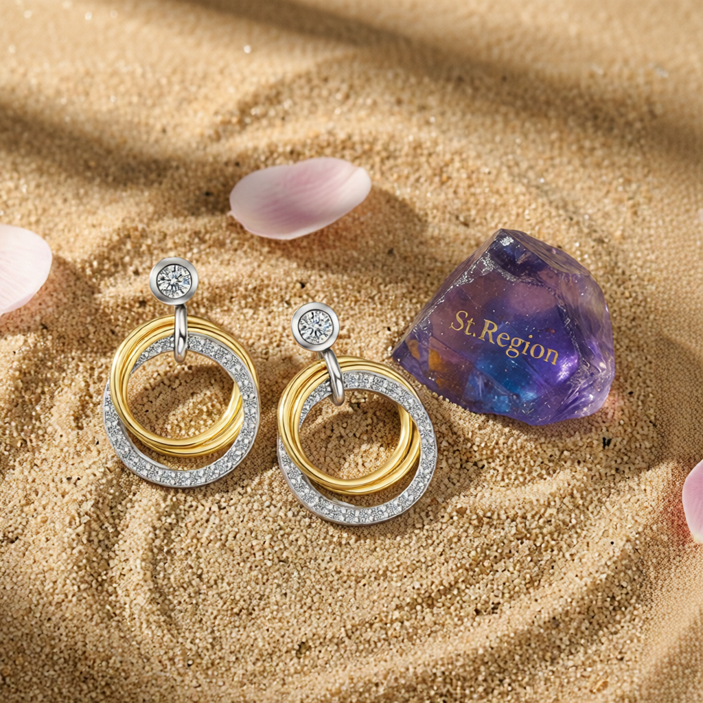 Cubic Zirconia & Two Tone Triple Circle Drop Earrings