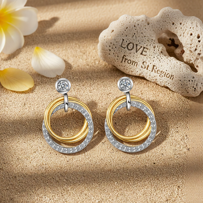 Cubic Zirconia & Two Tone Triple Circle Drop Earrings