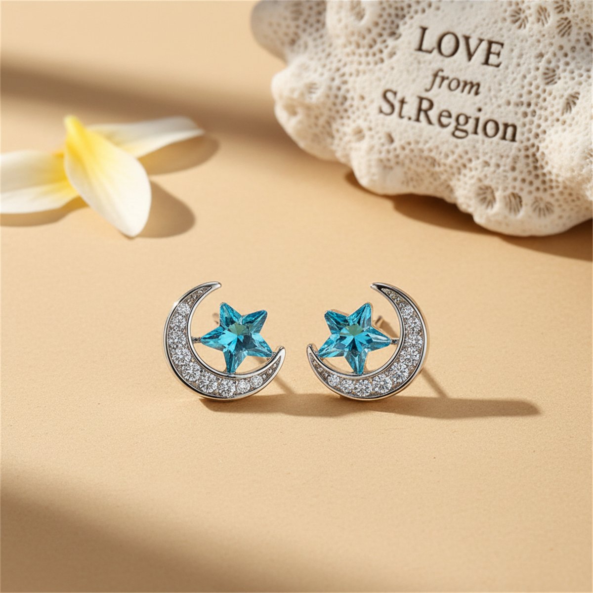 Blue Crystal Star and Cubic Zirconia Moon Stud Earring, stud earrings for women, botanical inspired, lifestyle look