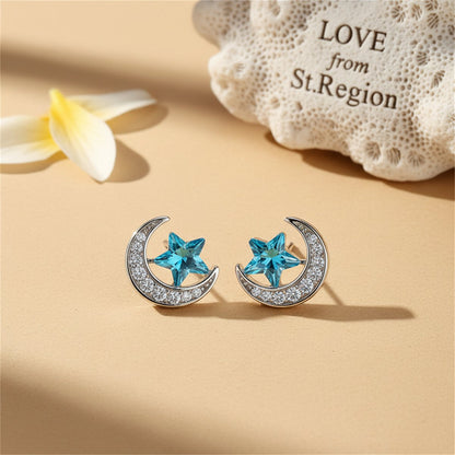 Blue Crystal Star and Cubic Zirconia Moon Stud Earring, stud earrings for women, botanical inspired, lifestyle look