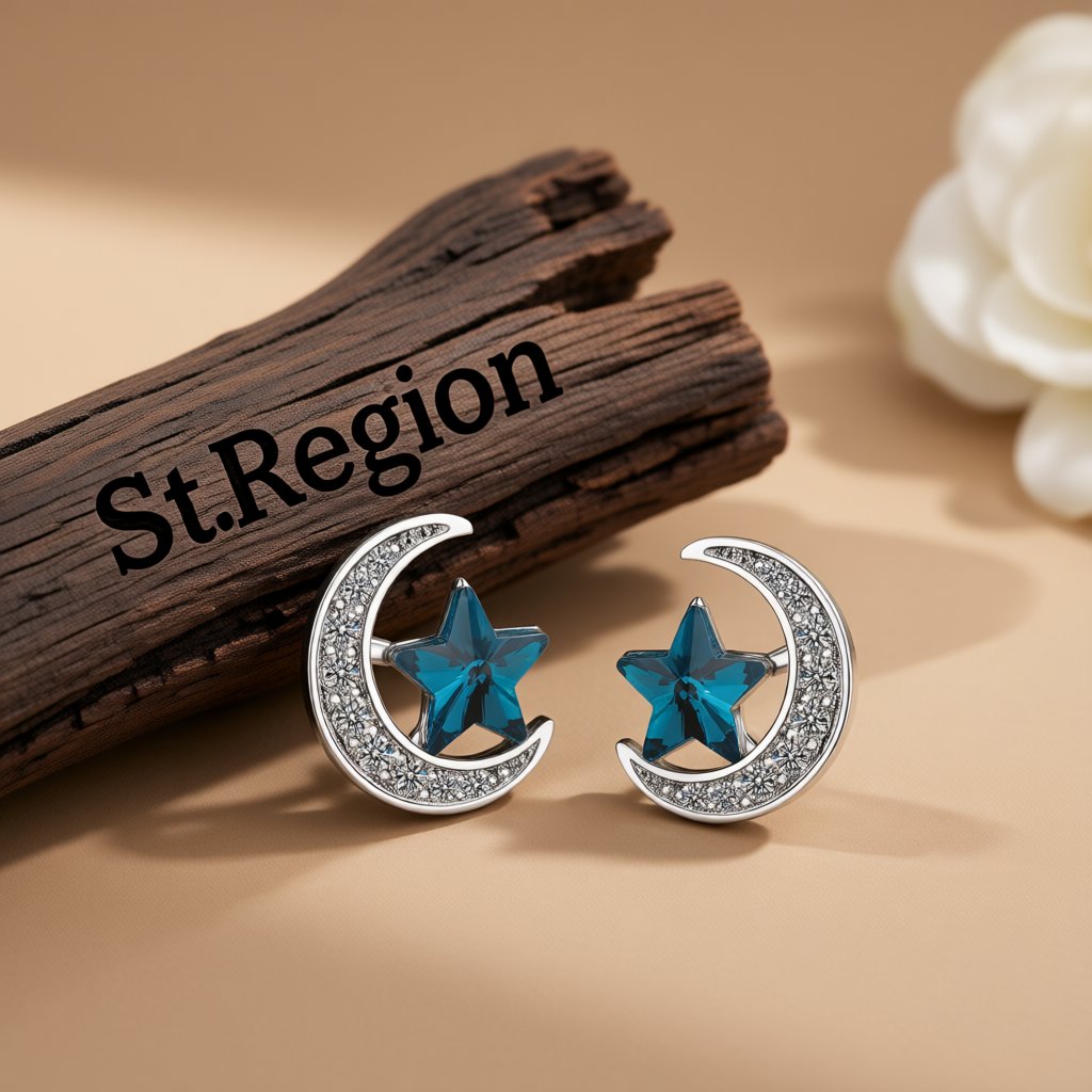 Blue Crystal Star and Cubic Zirconia Moon Stud Earring, stud earrings for women, botanical inspired, front view