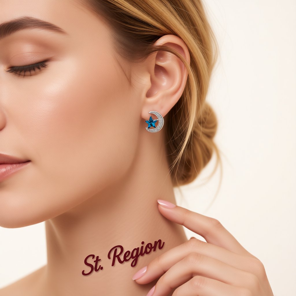 Blue Crystal Star and Cubic Zirconia Moon Stud Earring, stud earrings for women, botanical inspired, styled look