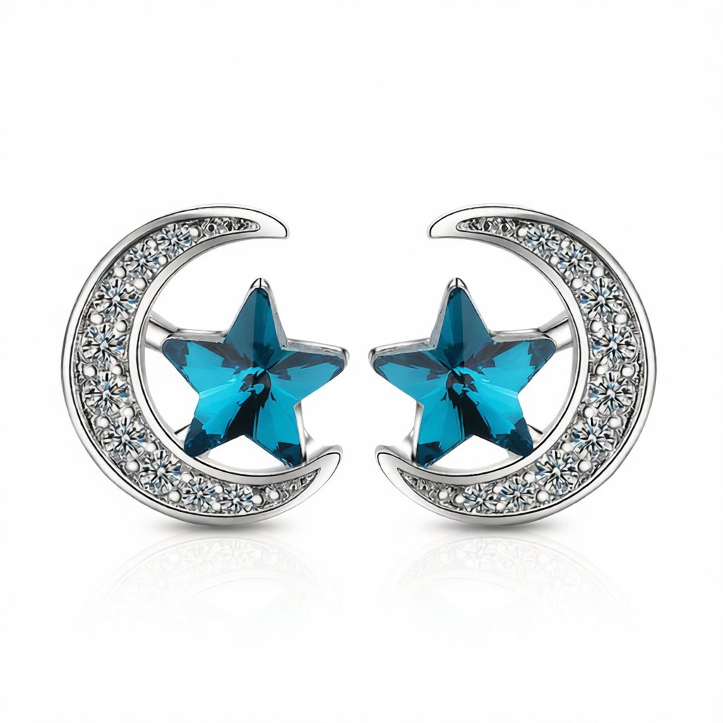 Blue Crystal Star and Cubic Zirconia Moon Stud Earring, stud earrings for women, botanical inspired, side view