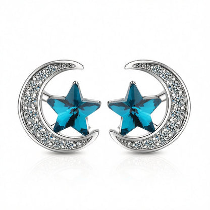 Blue Crystal Star and Cubic Zirconia Moon Stud Earring, stud earrings for women, botanical inspired, side view