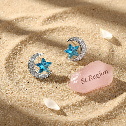 Blue Crystal Star and Cubic Zirconia Moon Stud Earring, stud earrings for women, botanical inspired, detail close-up