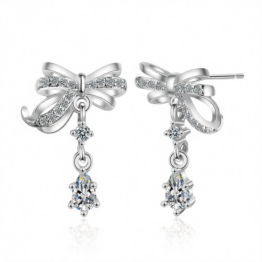Cubic Zirconia & Crystal Silver-Plated Bow Drop Earring