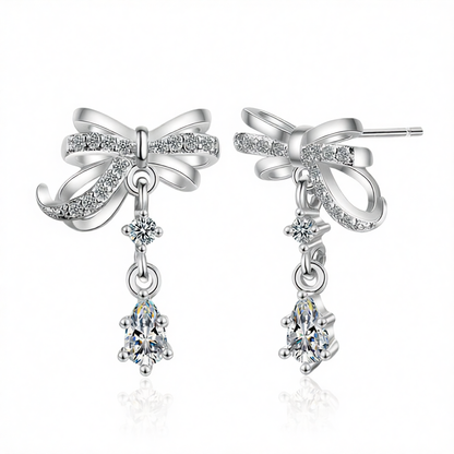 Cubic Zirconia & Crystal Silver-Plated Bow Drop Earring