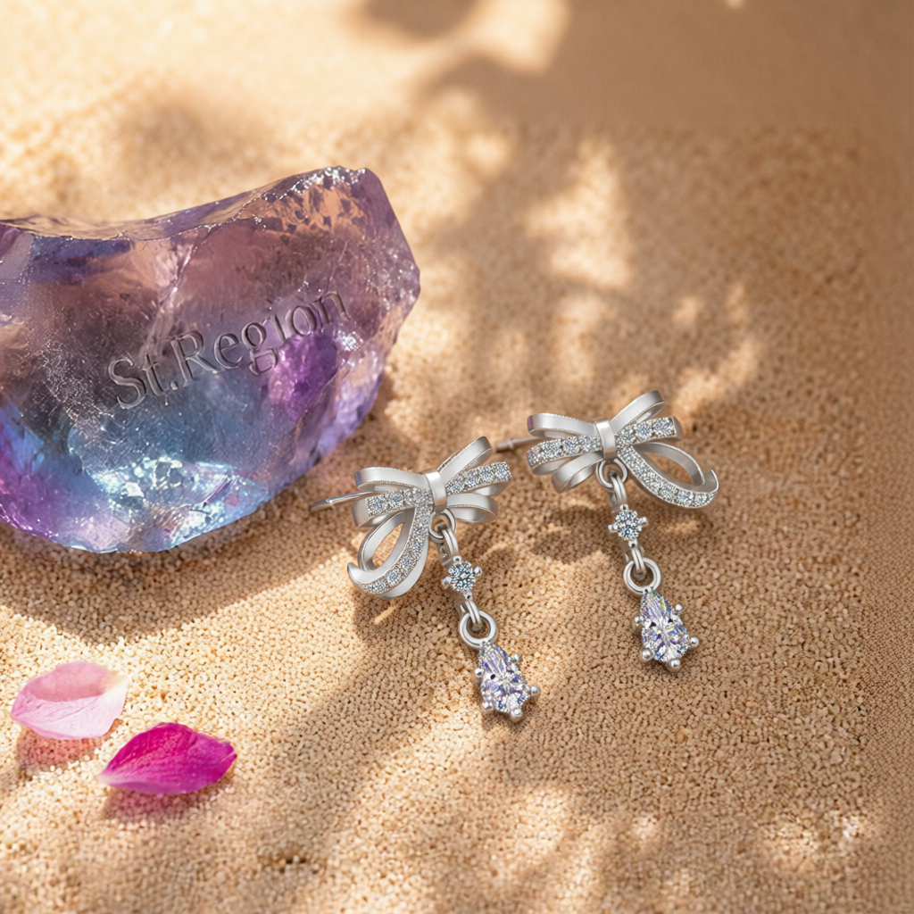 Cubic Zirconia & Crystal Silver-Plated Bow Drop Earring