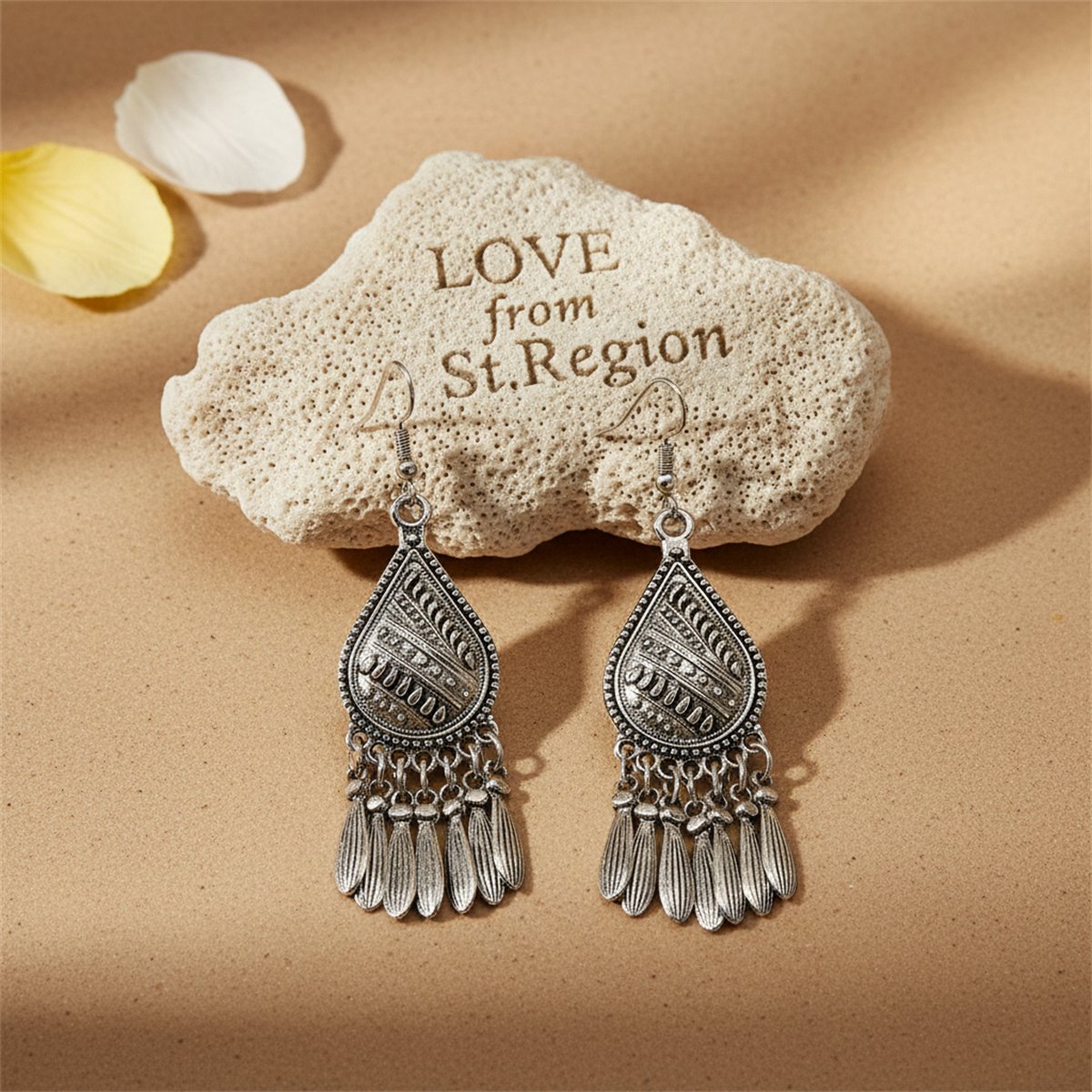 Silver-Plated Tassel Teardrop Earrings, silver drop earrings for women, botanical inspired, lifestyle look