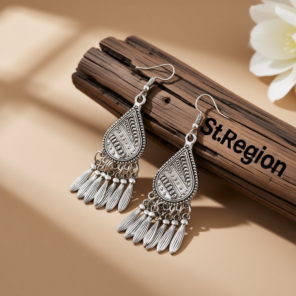 Silver-Plated Tassel Teardrop Earrings, silver drop earrings for women, botanical inspired, front view