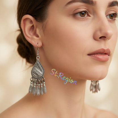 Silver-Plated Tassel Teardrop Earrings, silver drop earrings for women, botanical inspired, styled look