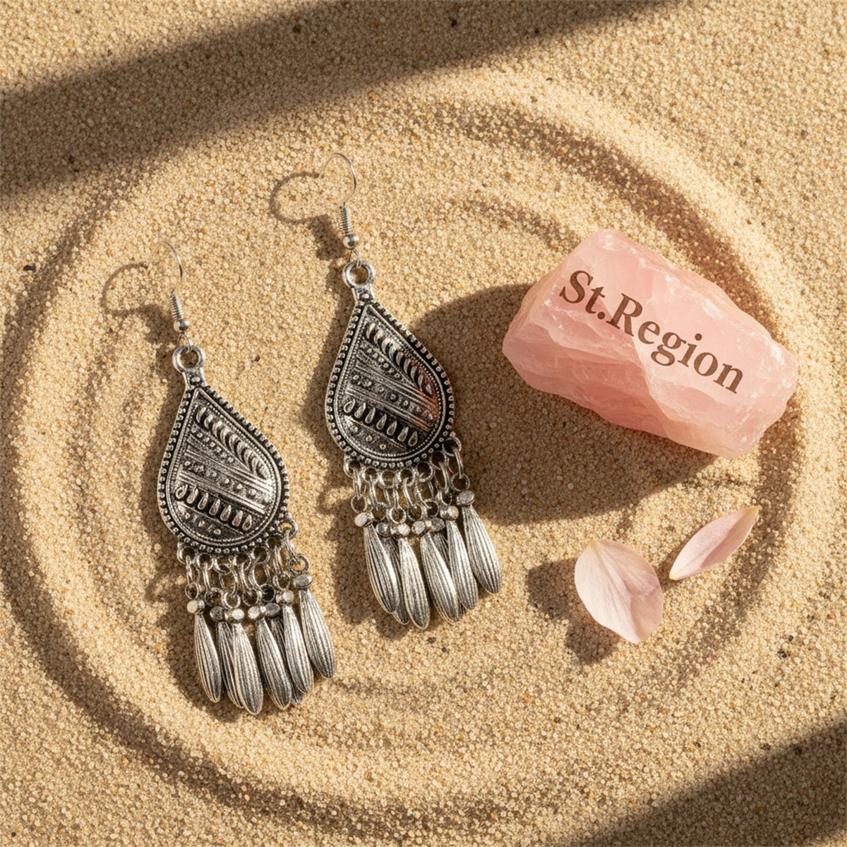 Silver-Plated Tassel Teardrop Earrings, silver drop earrings for women, botanical inspired, detail close-up