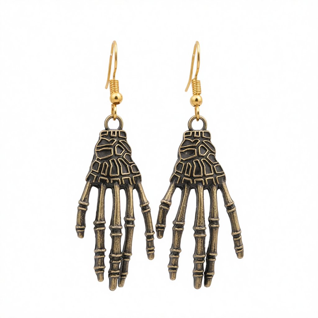18K Gold-Plated Skeleton Palm Drop Earrings, gold drop earrings for women, dainty minimalist design, side view