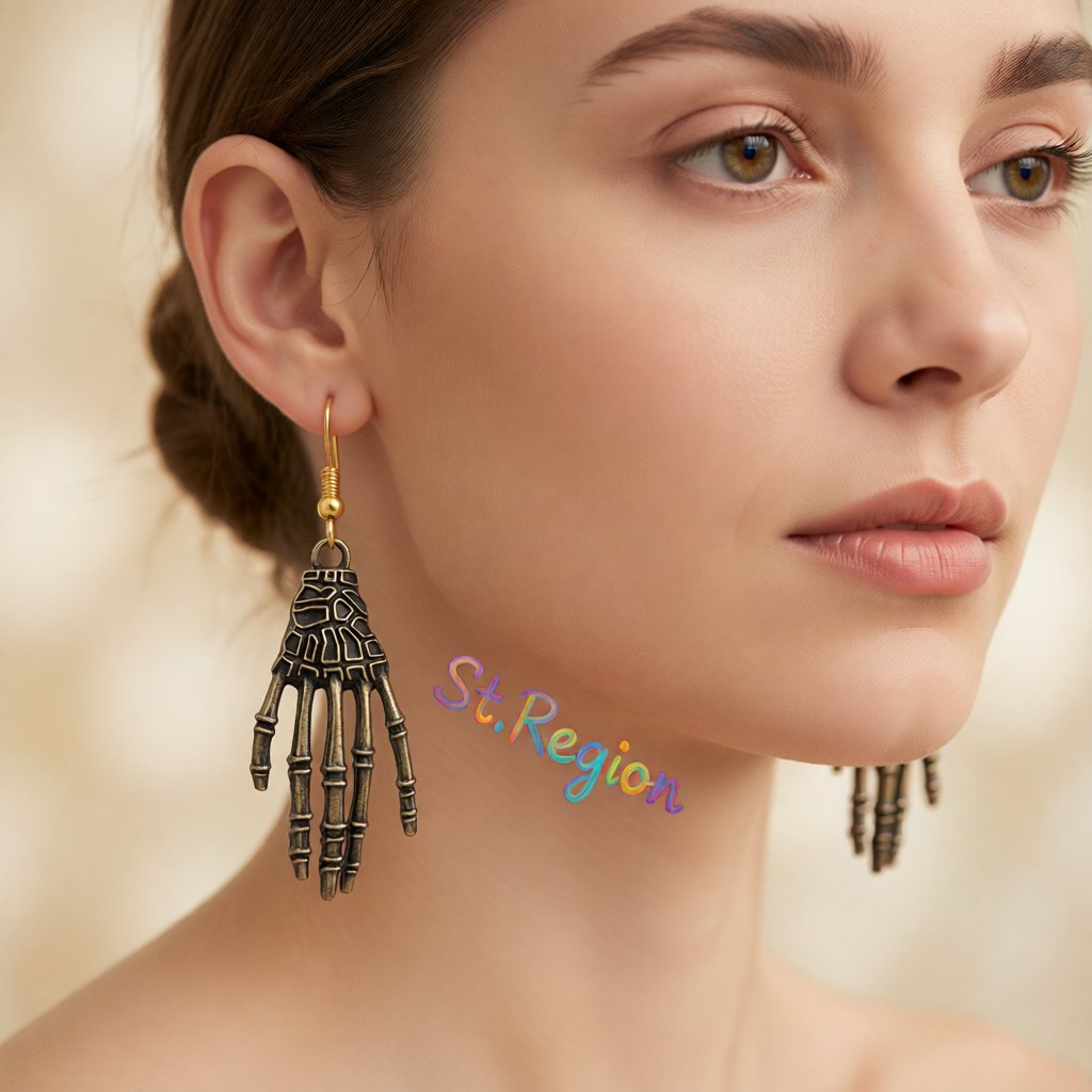 18K Gold-Plated Skeleton Palm Drop Earrings, gold drop earrings for women, dainty minimalist design, styled look