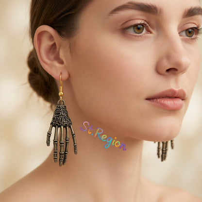 18K Gold-Plated Skeleton Palm Drop Earrings, gold drop earrings for women, dainty minimalist design, styled look