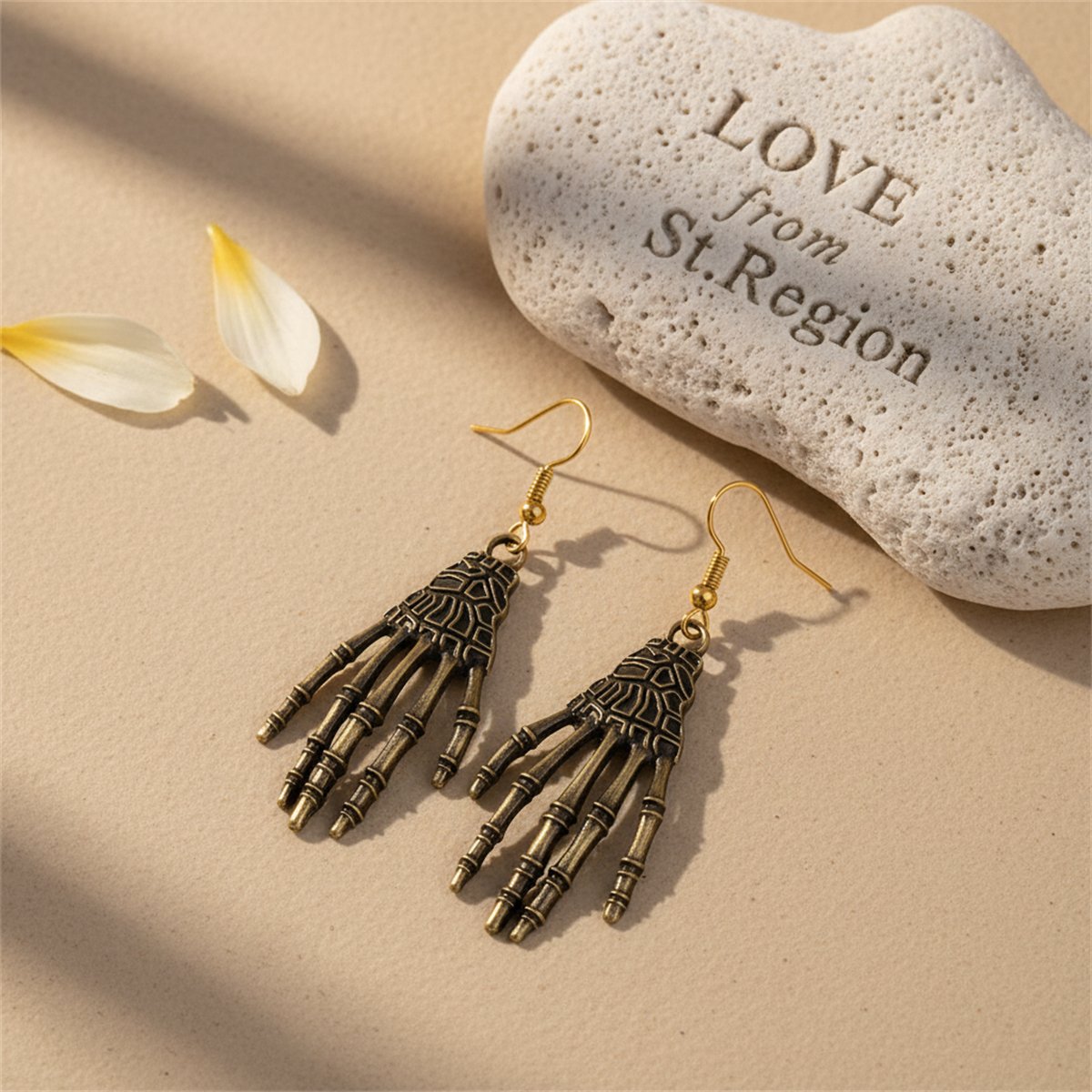 18K Gold-Plated Skeleton Palm Drop Earrings, gold drop earrings for women, dainty minimalist design, lifestyle look