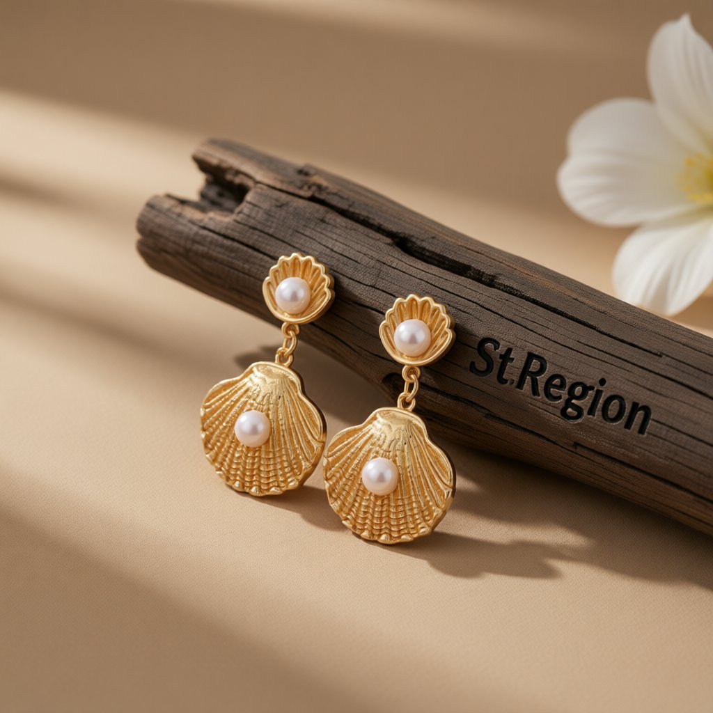 Pearl and 18K Gold-Plated Shell Drop Earrings, gold drop earrings for women, botanical inspired, front view