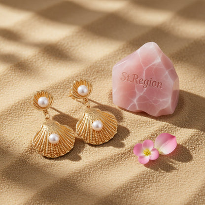 Pearl and 18K Gold-Plated Shell Drop Earrings, gold drop earrings for women, botanical inspired, detail close-up