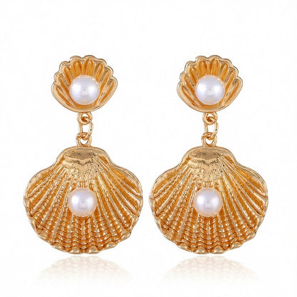 Pearl and 18K Gold-Plated Shell Drop Earrings, gold drop earrings for women, botanical inspired, side view