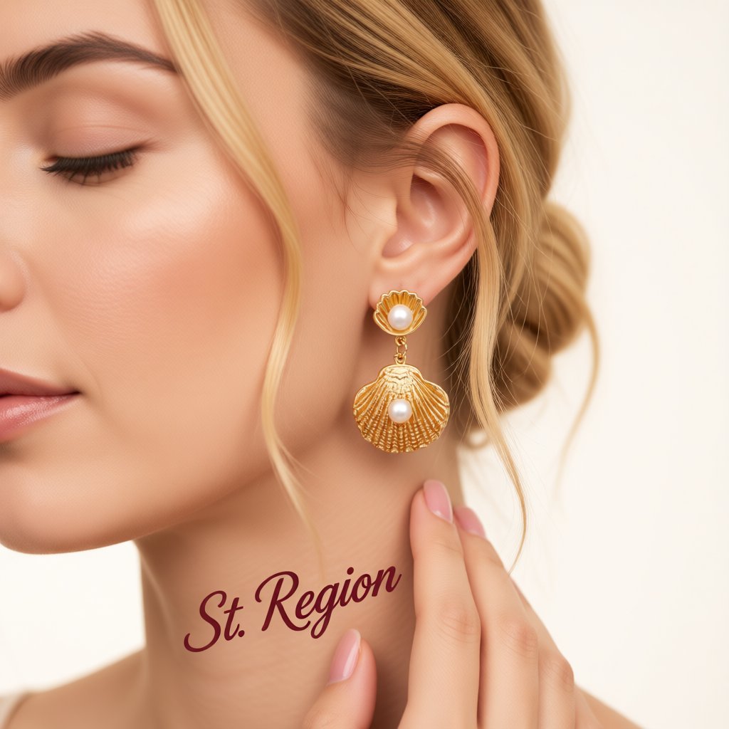Pearl and 18K Gold-Plated Shell Drop Earrings, gold drop earrings for women, botanical inspired, styled look
