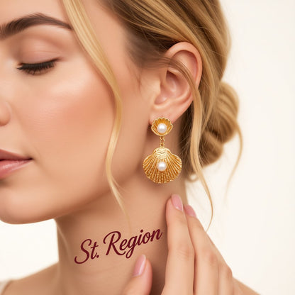 Pearl and 18K Gold-Plated Shell Drop Earrings, gold drop earrings for women, botanical inspired, styled look