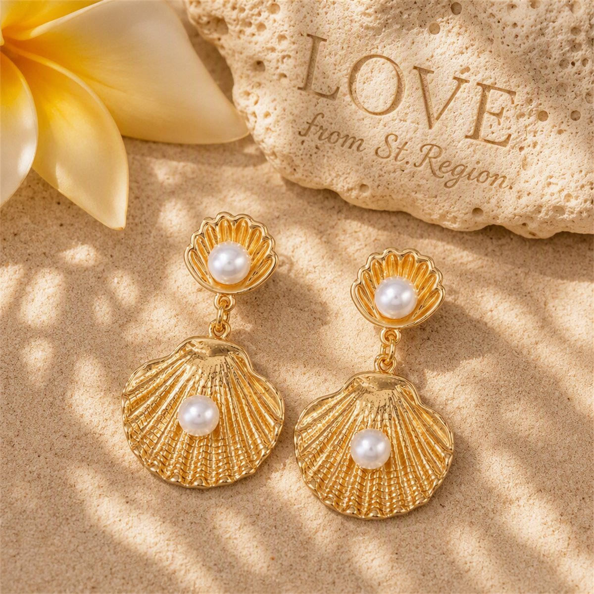 Pearl and 18K Gold-Plated Shell Drop Earrings, gold drop earrings for women, botanical inspired, lifestyle look