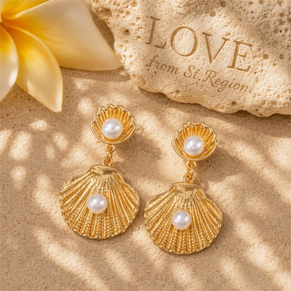 Pearl and 18K Gold-Plated Shell Drop Earrings, gold drop earrings for women, botanical inspired, lifestyle look