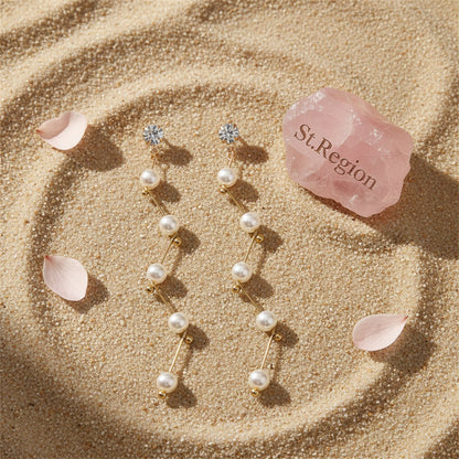 Pearl and Cubic Zirconia 18K Gold-Plated Linking Drop Earrings, gold drop earrings for women, everyday style, detail close-up