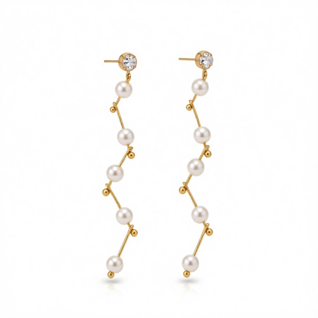 Pearl and Cubic Zirconia 18K Gold-Plated Linking Drop Earrings, gold drop earrings for women, everyday style, side view