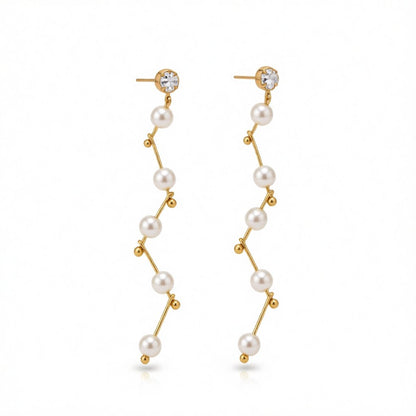 Pearl and Cubic Zirconia 18K Gold-Plated Linking Drop Earrings, gold drop earrings for women, everyday style, side view