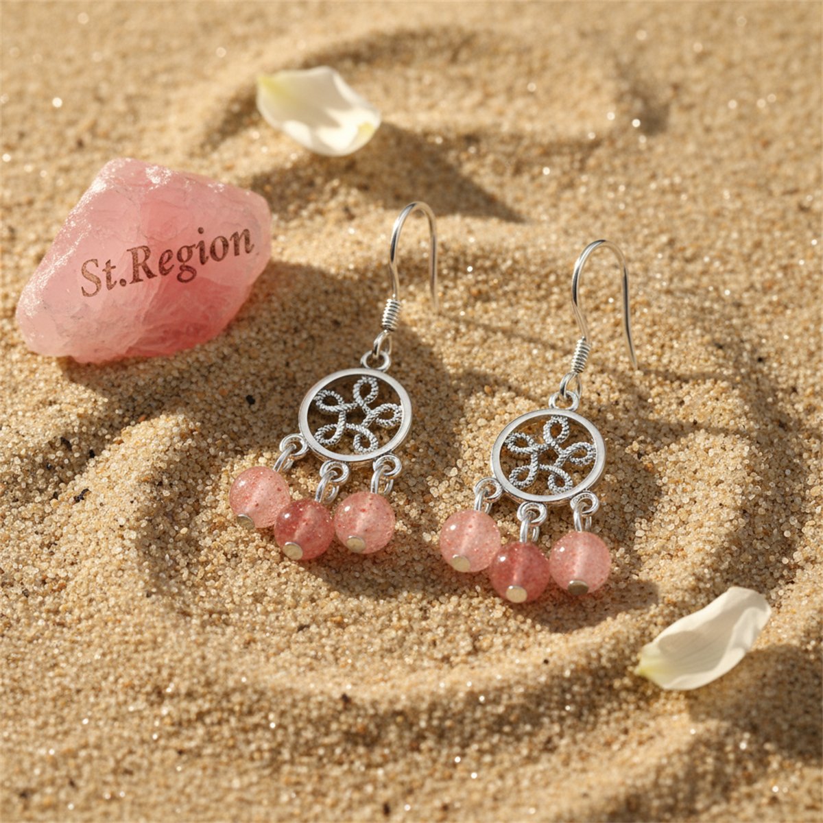 Strawberry Crystal and Silver-Plated Dream Catcher Drop Earrings, silver drop earrings for women, detail close-up