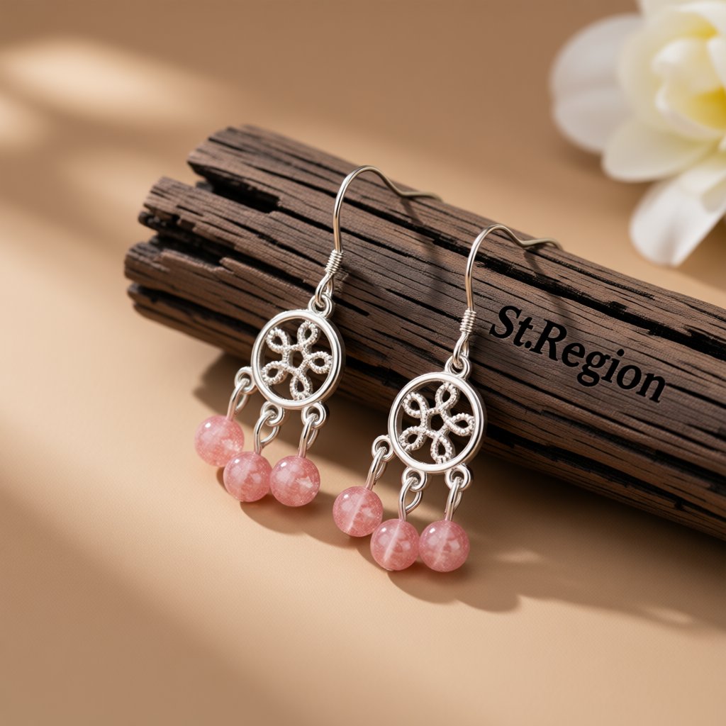 Strawberry Crystal and Silver-Plated Dream Catcher Drop Earrings, silver drop earrings for women, front view