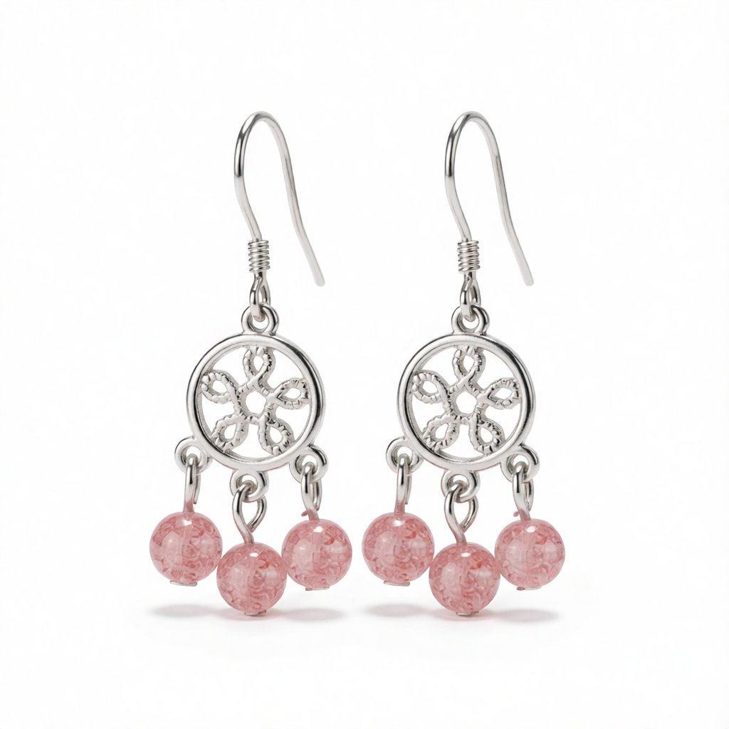 Strawberry Crystal and Silver-Plated Dream Catcher Drop Earrings, silver drop earrings for women, side view