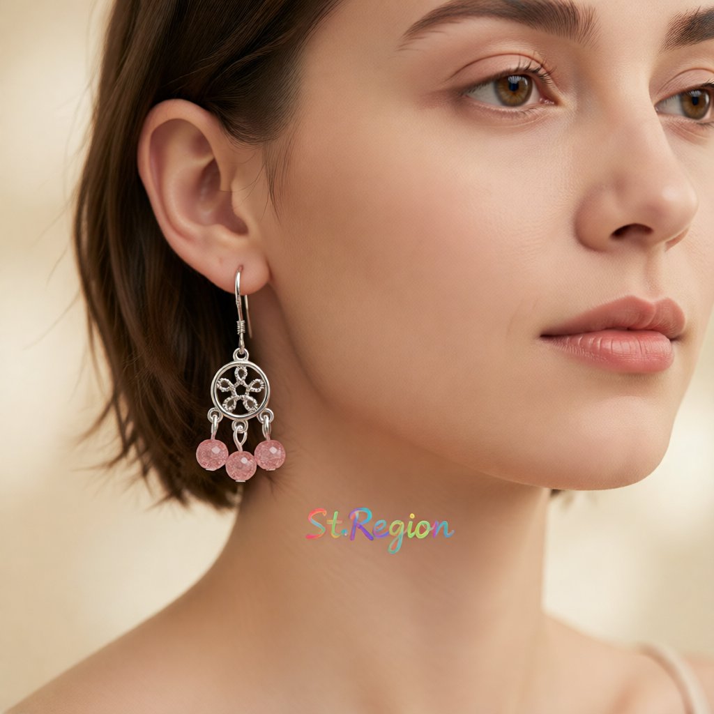 Strawberry Crystal and Silver-Plated Dream Catcher Drop Earrings, silver drop earrings for women, styled look