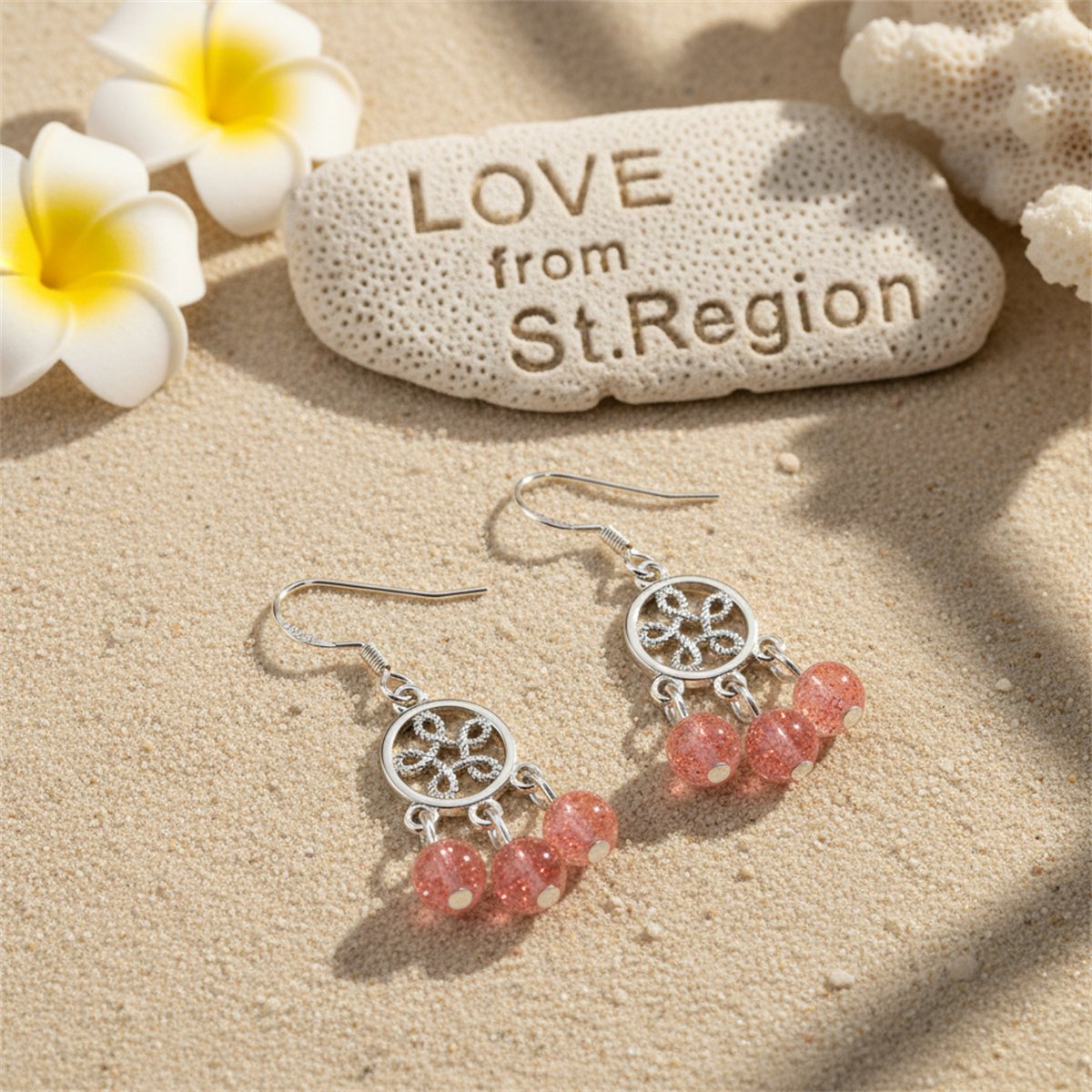 Strawberry Crystal and Silver-Plated Dream Catcher Drop Earrings, silver drop earrings for women, lifestyle look
