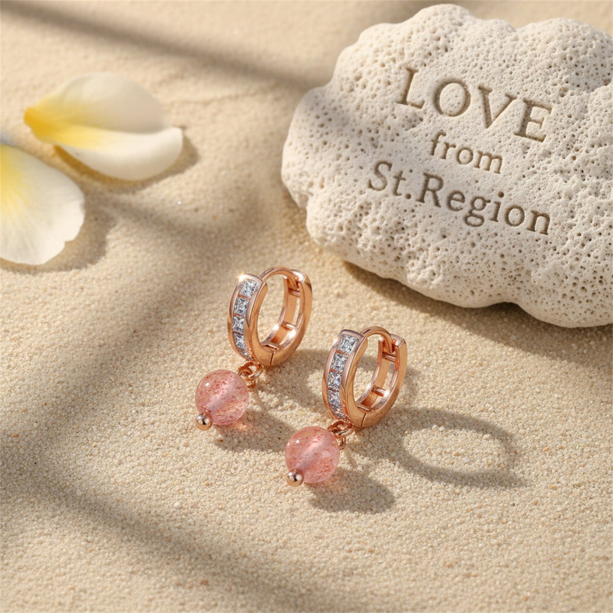 Cubic Zirconia and Pink Crystal Huggie Drop Earrings, huggie earrings, botanical inspired, lifestyle look