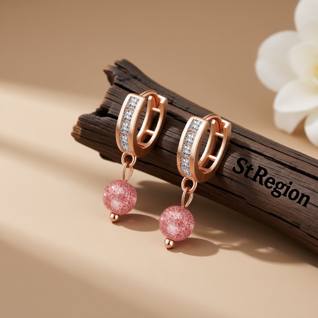 Cubic Zirconia and Pink Crystal Huggie Drop Earrings, huggie earrings, botanical inspired, front view