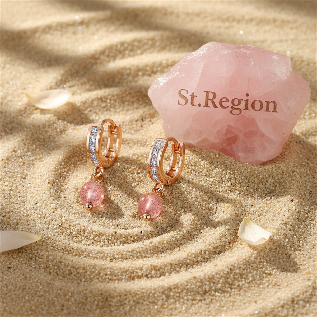 Cubic Zirconia and Pink Crystal Huggie Drop Earrings, huggie earrings, botanical inspired, detail close-up