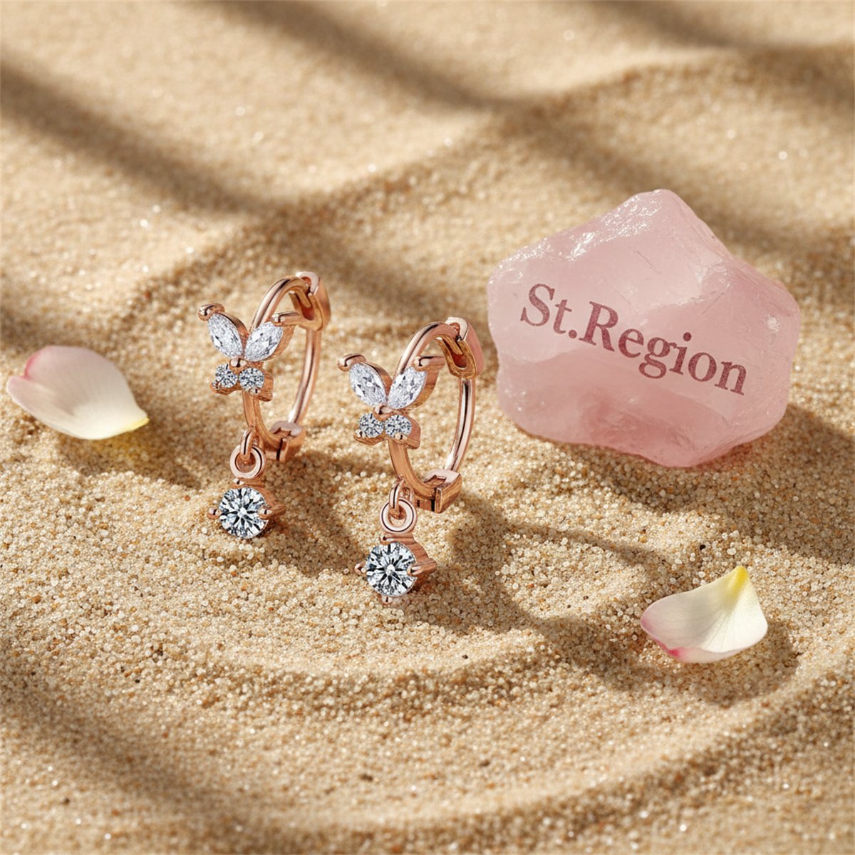Cubic Zirconia and 18K Rose Gold-Plated Butterfly Drop Earrings, rose gold huggie earrings, detail close-up