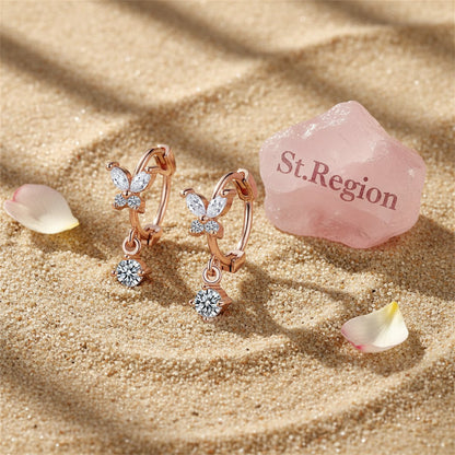 Cubic Zirconia and 18K Rose Gold-Plated Butterfly Drop Earrings, rose gold huggie earrings, detail close-up