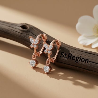 Cubic Zirconia and 18K Rose Gold-Plated Butterfly Drop Earrings, rose gold huggie earrings, botanical inspired, front view